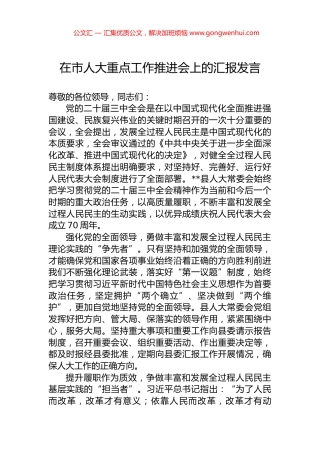 在市人大重点工作推进会上的汇报发言