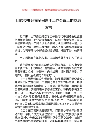 团市委书记在全省青年工作会议上的交流发言