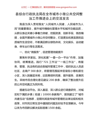 县综合行政执法局在全市城市小微公共空间整治工作推进会上的交流发言