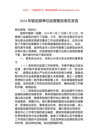 2024年被巡察单位巡察整改表态发言