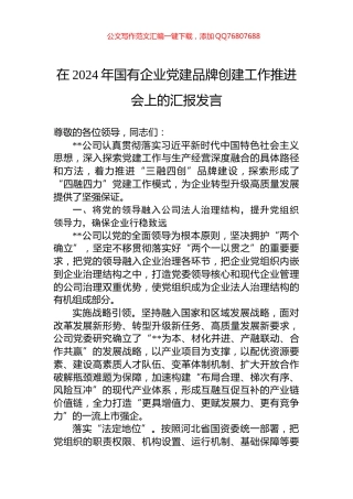 在2024年国有企业党建品牌创建工作推进会上的汇报发言