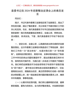 县委书记在2024年巡察整改反馈会上的表态发言