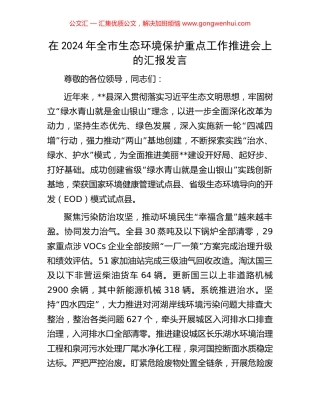 在2024年全市生态环境保护重点工作推进会上的汇报发言