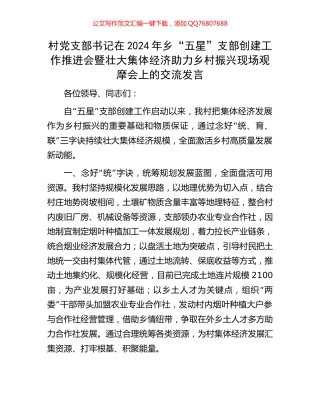 村党支部书记在2024年乡“五星”支部创建工作推进会暨壮大集体经济助力乡村振兴现场观摩会上的交流发言