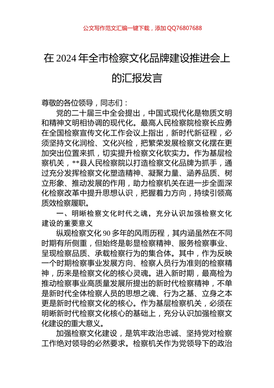 在2024年全市检察文化品牌建设推进会上的汇报发言_第1页