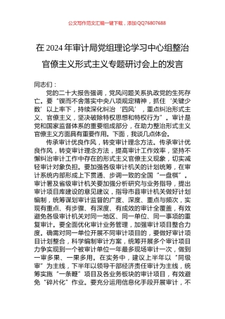在2024年审计局党组理论学习中心组整治官僚主义形式主义专题研讨会上的发言