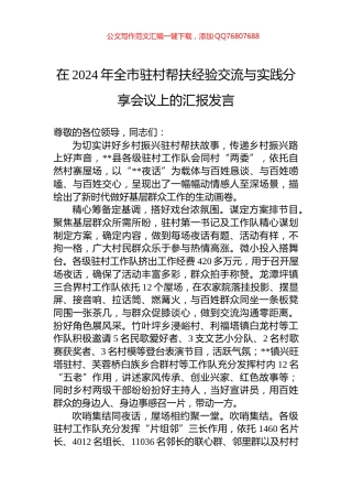 在2024年全市驻村帮扶经验交流与实践分享会议上的汇报发言