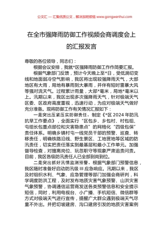 在全市强降雨防御工作视频会商调度会上的汇报发言