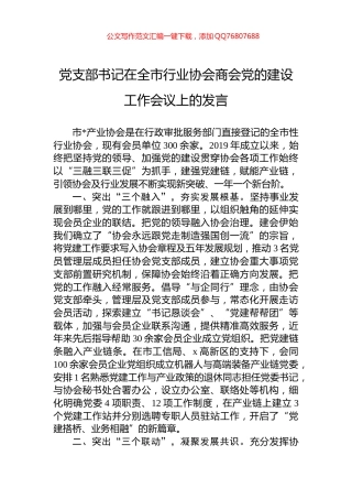 党支部书记在全市行业协会商会党的建设工作会议上的发言