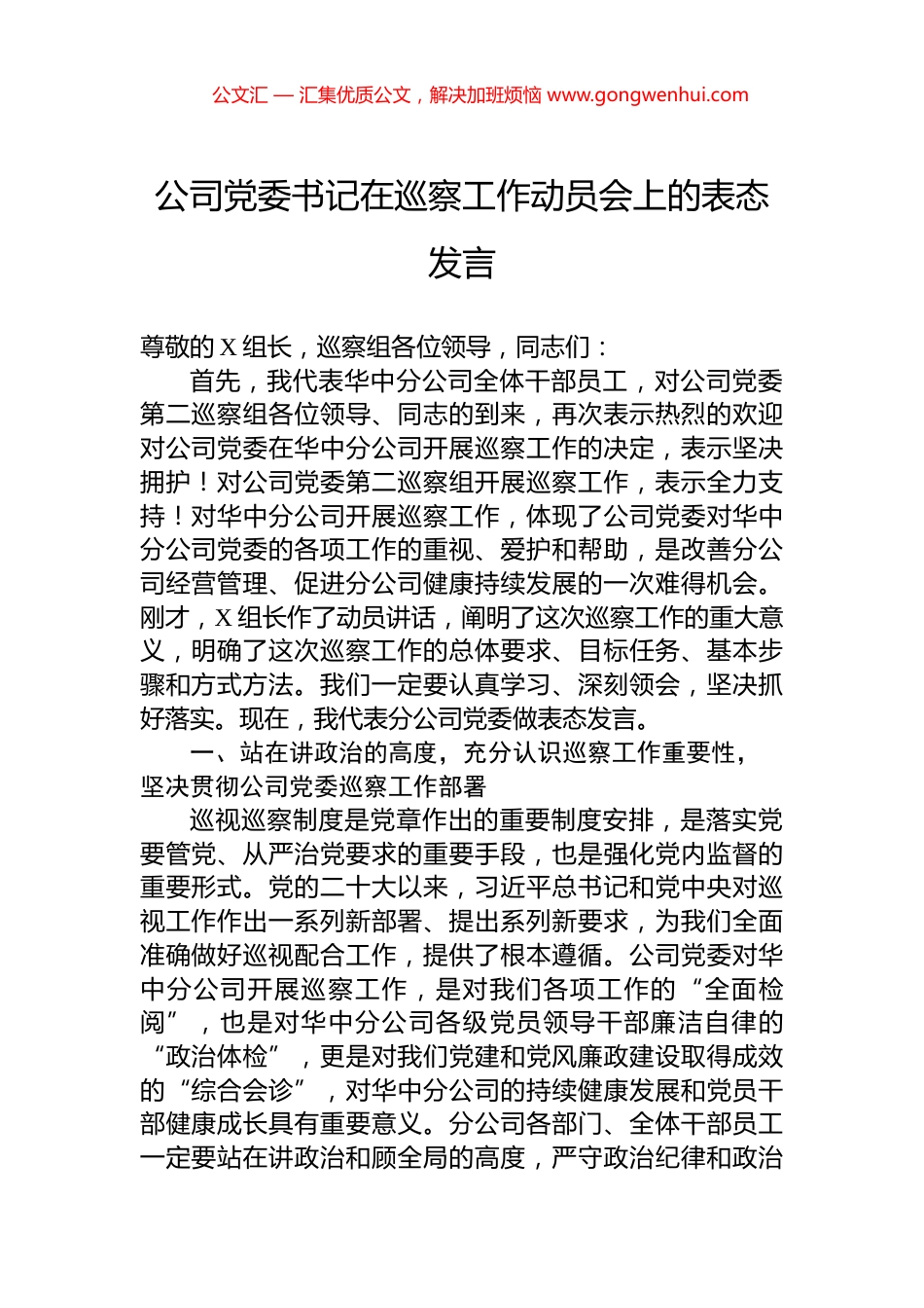 公司党委书记在巡察工作动员会上的表态发言 (2)_第1页
