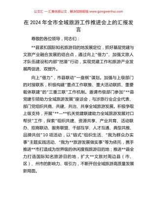 在2024年全市全域旅游工作推进会上的汇报发言