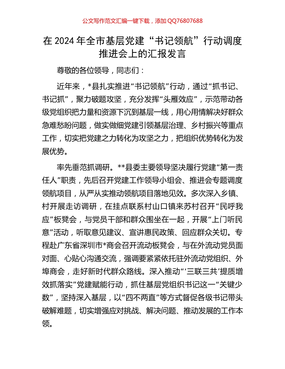 在2024年全市基层党建“书记领航”行动调度推进会上的汇报发言_第1页