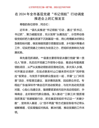 在2024年全市基层党建“书记领航”行动调度推进会上的汇报发言