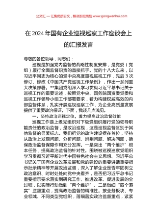 在2024年国有企业巡视巡察工作座谈会上的汇报发言