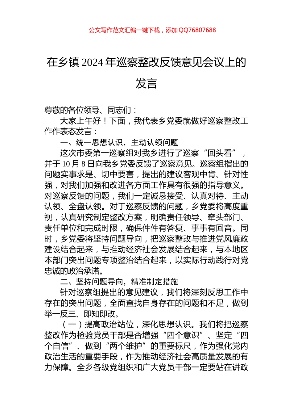 在乡镇2024年巡察整改反馈意见会议上的发言_第1页