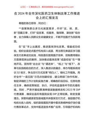 在2024年全市深化医药卫生体制改革工作推进会上的汇报发言