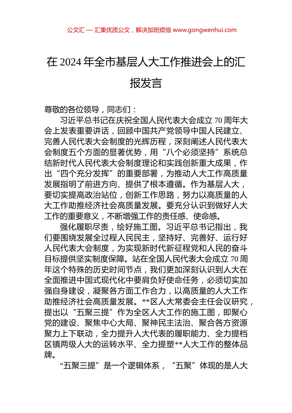 在2024年全市基层人大工作推进会上的汇报发言_第1页