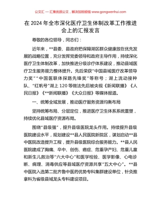 在2024年全市深化医疗卫生体制改革工作推进会上的汇报发言