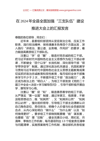 在2024年全县全面加强“三支队伍”建设推进大会上的汇报发言