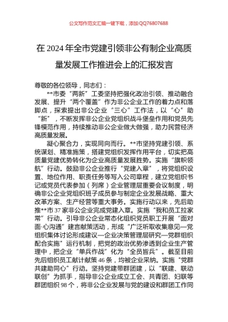 在2024年全市党建引领非公有制企业高质量发展工作推进会上的汇报发言
