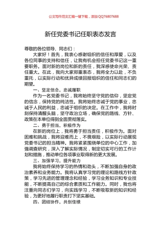 新任党委书记任职表态发言