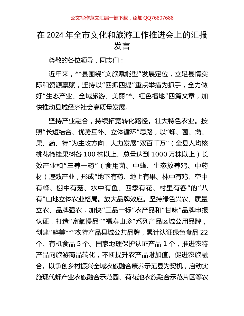 在2024年全市文化和旅游工作推进会上的汇报发言_第1页