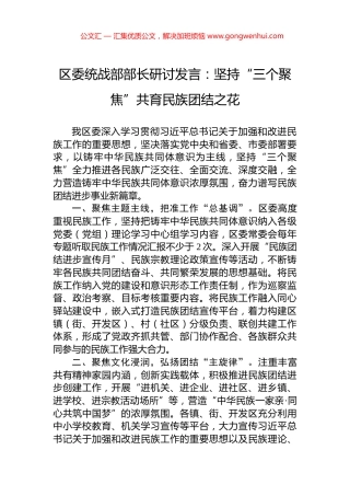 区委统战部部长研讨发言：坚持“三个聚焦”共育民族团结之花
