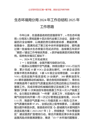 生态环境局分局2024年工作总结和2025年工作思路
