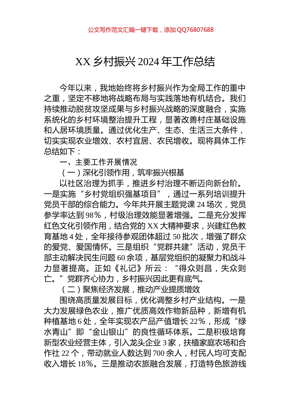 XX乡村振兴2024年工作总结_第1页