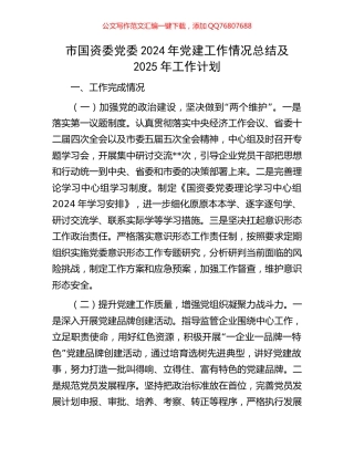 市国资委党委2024年党建工作情况总结及2025年工作计划