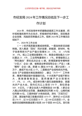 市经发局2024年工作情况总结及下一步工作计划