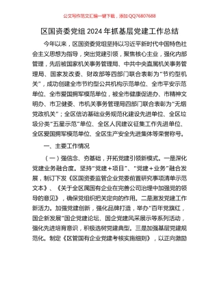 区国资委党组2024年抓基层党建工作总结