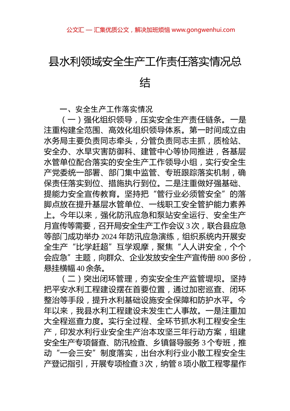 县水利领域安全生产工作责任落实情况总结_第1页
