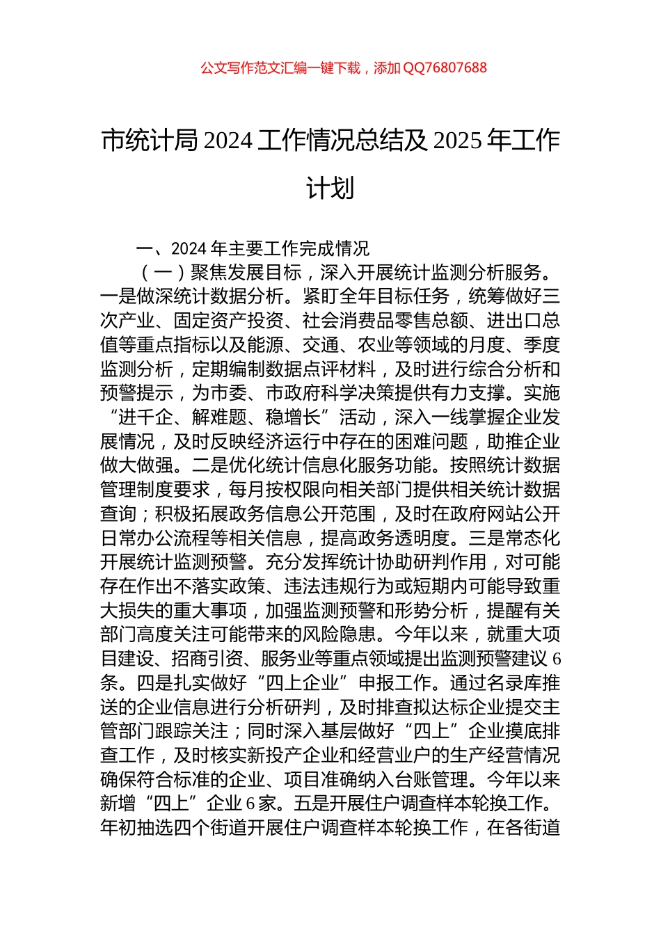 市统计局2024工作情况总结及2025年工作计划_第1页