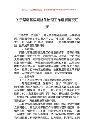 关于某区基层网格化治理工作进展情况汇报 (2)
