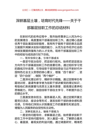 深耕基层土壤，培育时代先锋——关于干部基层挂职工作的总结材料