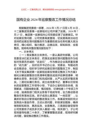 国有企业2024年巡察整改工作情况总结
