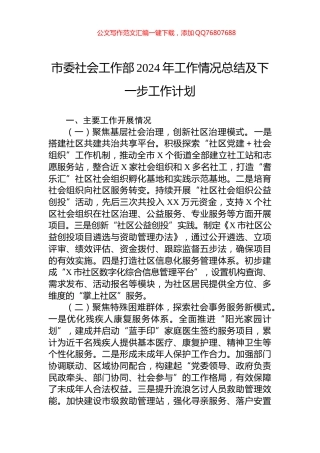 市委社会工作部2024年工作情况总结及下一步工作计划