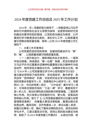 2024年度党建工作总结及2025年工作计划