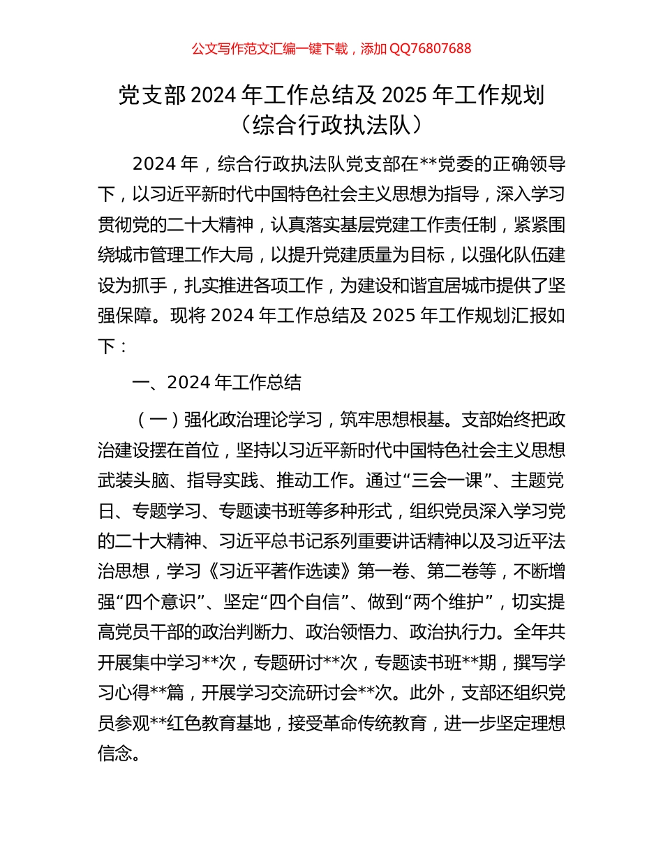 党支部2024年工作总结及2025年工作规划（综合行政执法队）_第1页
