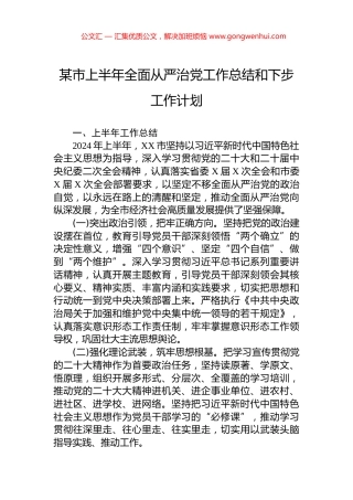 某市上半年全面从严治党工作总结和下步工作计划