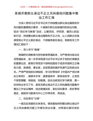 某镇开展群众身边不正之风和腐败问题集中整治工作汇报