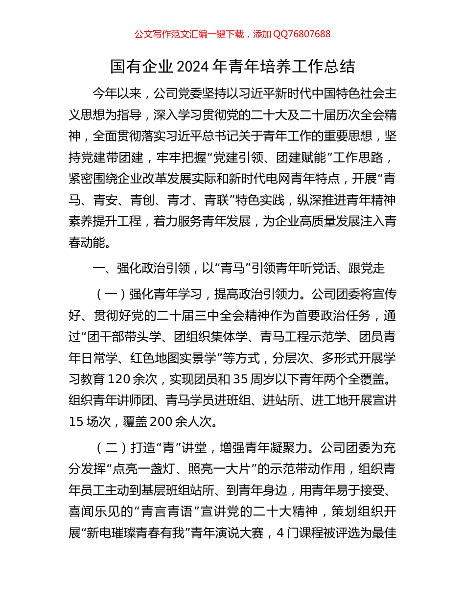国有企业2024年青年培养工作总结_第1页