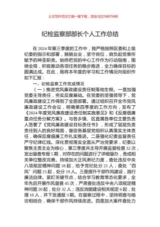 2024年纪检监察部部长个人工作总结