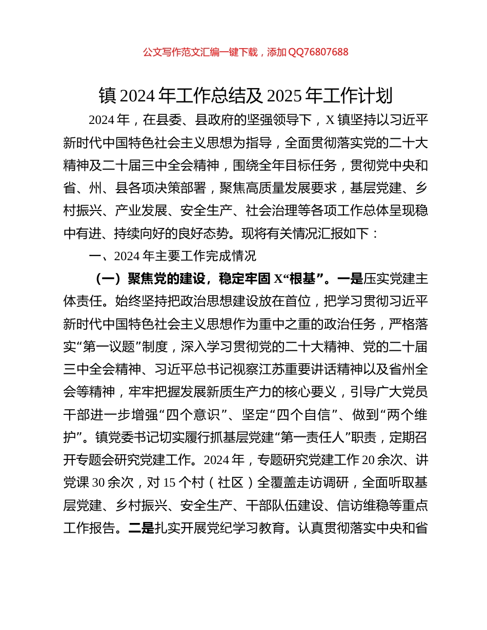 镇2024年工作总结及2025年工作计划_第1页