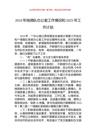 2024年地调队办公室工作情况和2025年工作计划