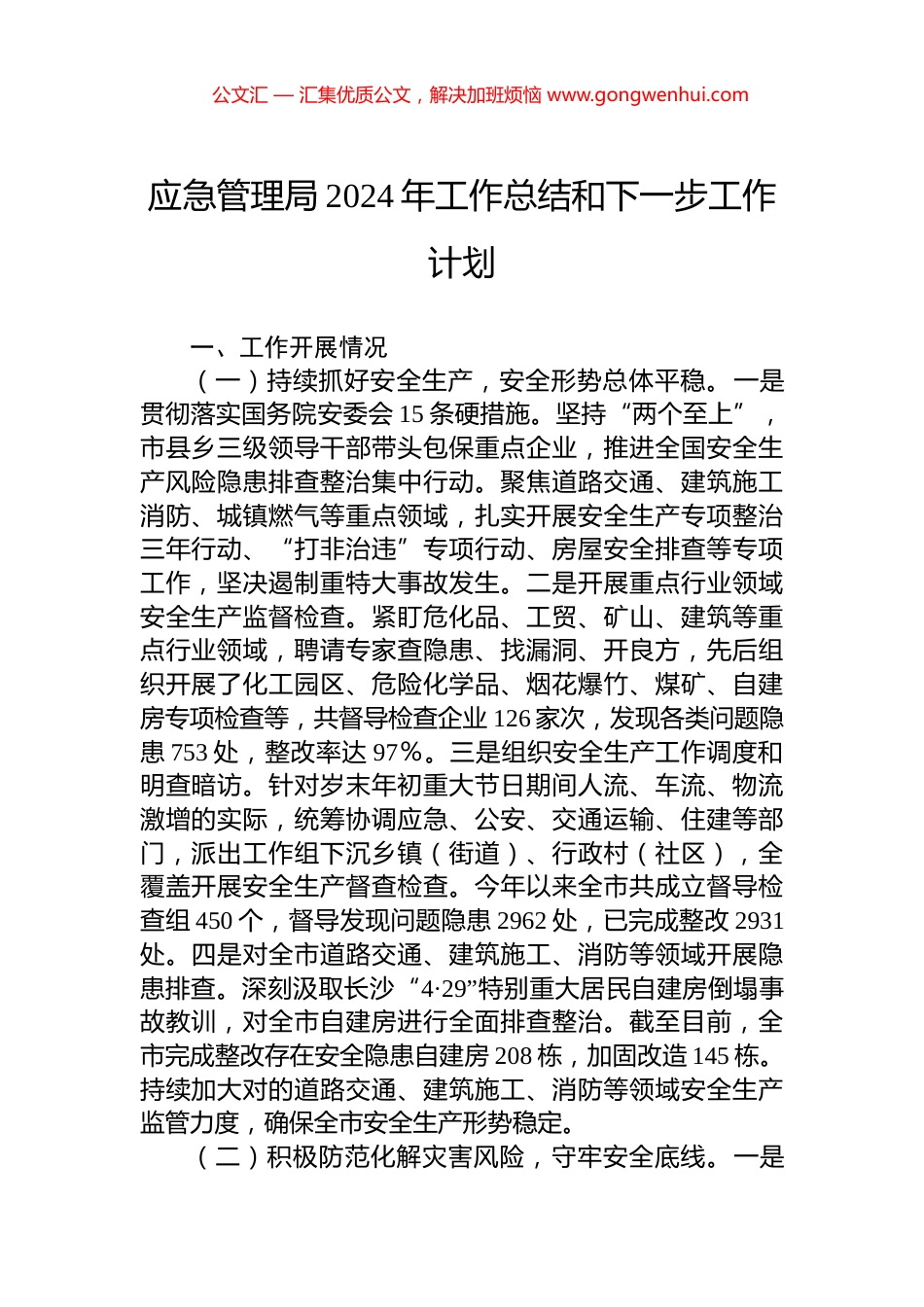应急管理局2024年工作总结和下一步工作计划_第1页