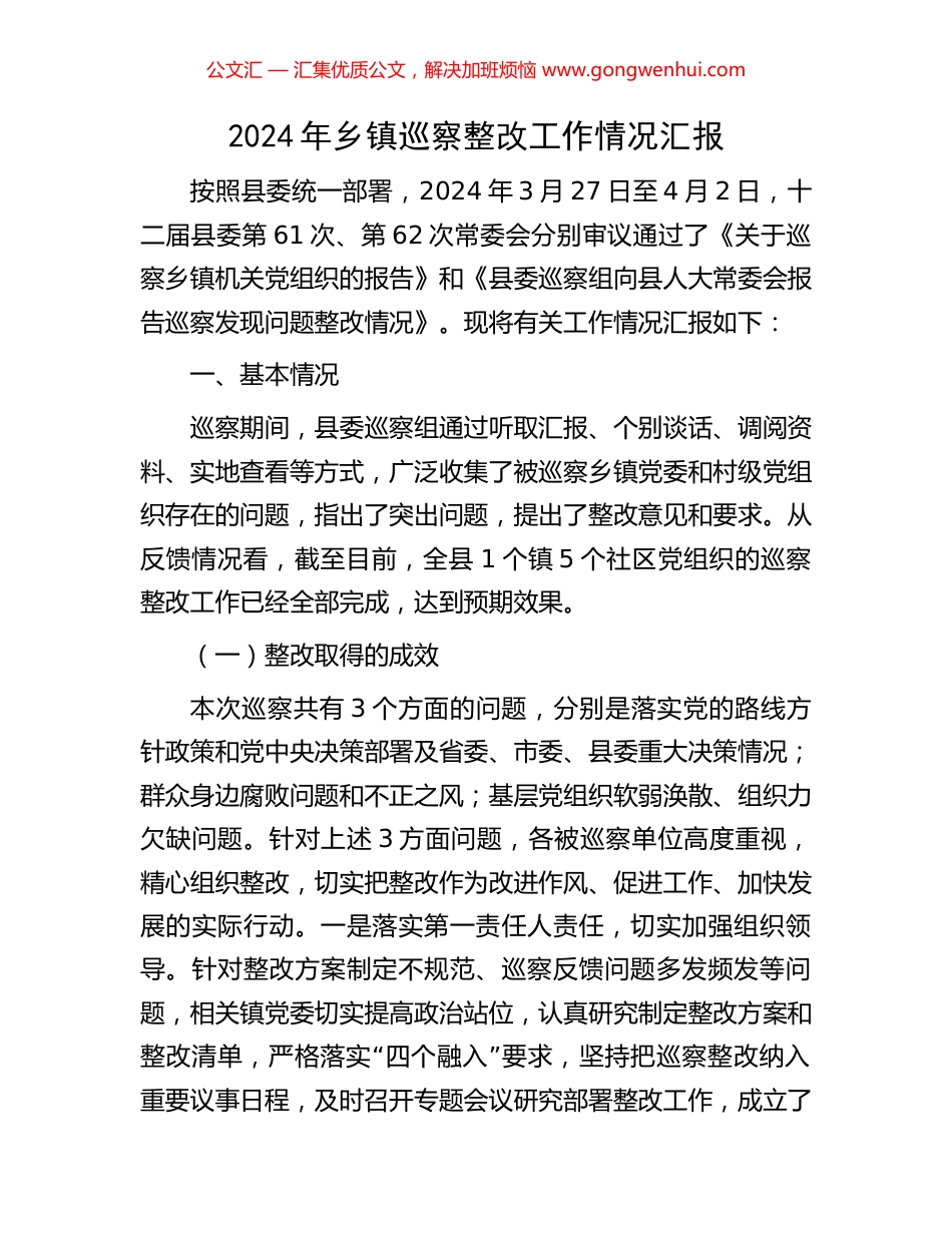2024年乡镇巡察整改工作情况汇报_第1页