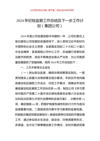 2024年纪检监察工作总结及下一步工作计划（集团公司）