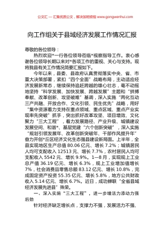 向工作组关于县域经济发展工作情况汇报